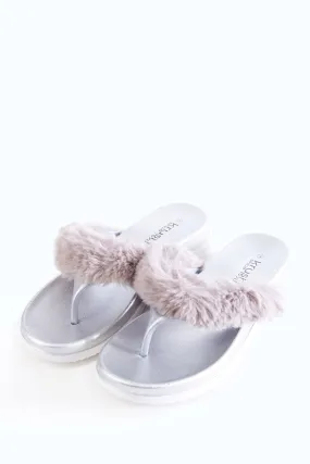 Grey Fur Thong Sliders