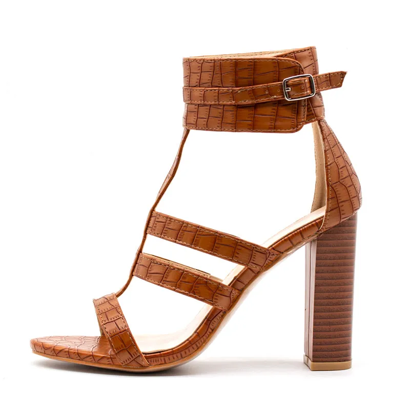 High Square Heels Women's Gladiator Sandal Shoes - Brown,White