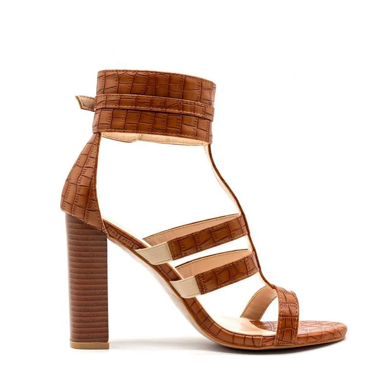 High Square Heels Women's Gladiator Sandal Shoes - Brown,White