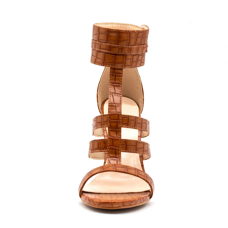 High Square Heels Women's Gladiator Sandal Shoes - Brown,White