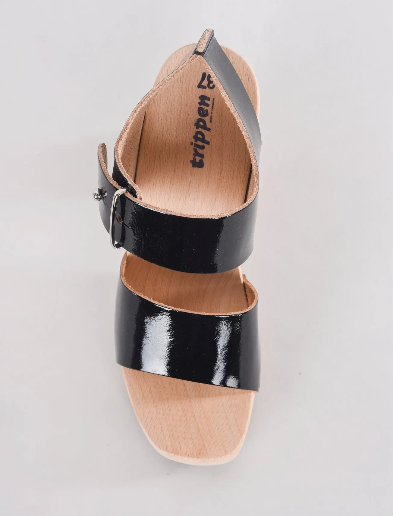 Hoppla Wood Sandal, Black Patent