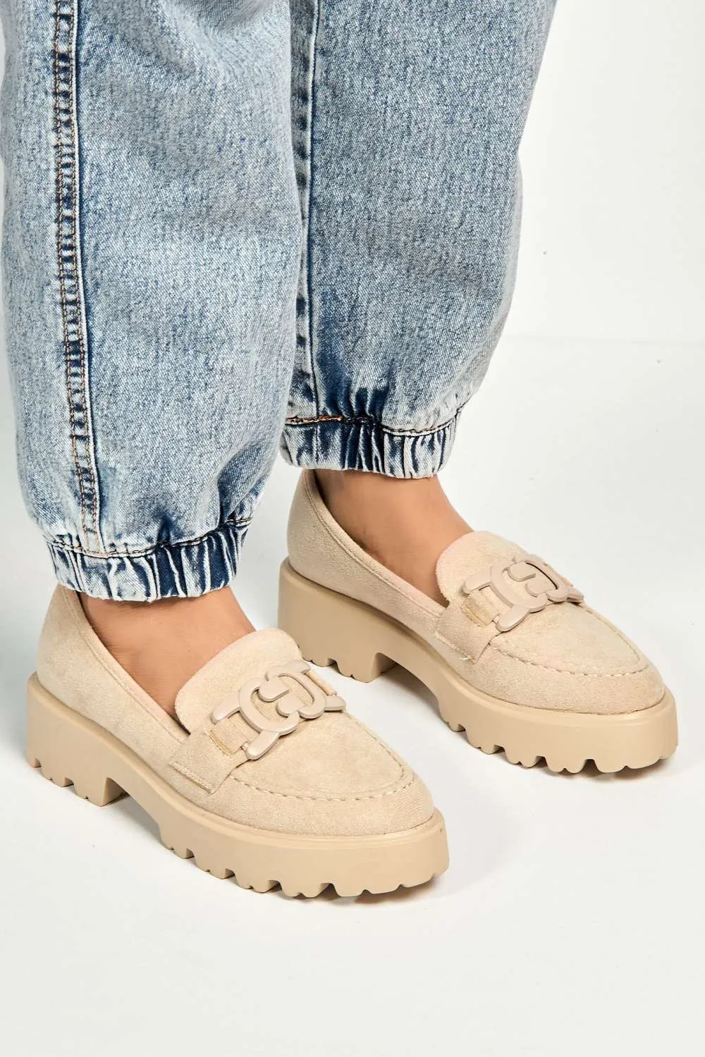 Lisa Chunky Sole Loafers in Nude Suede