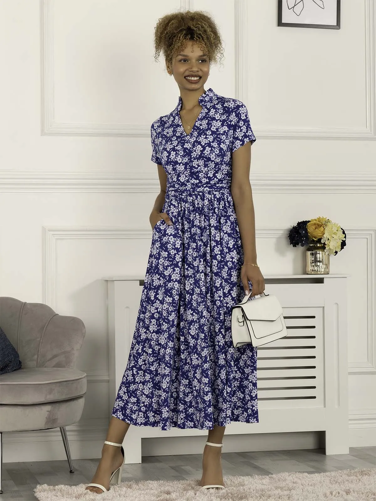 Marbouka Stand Collar Maxi Dress, Blue Floral