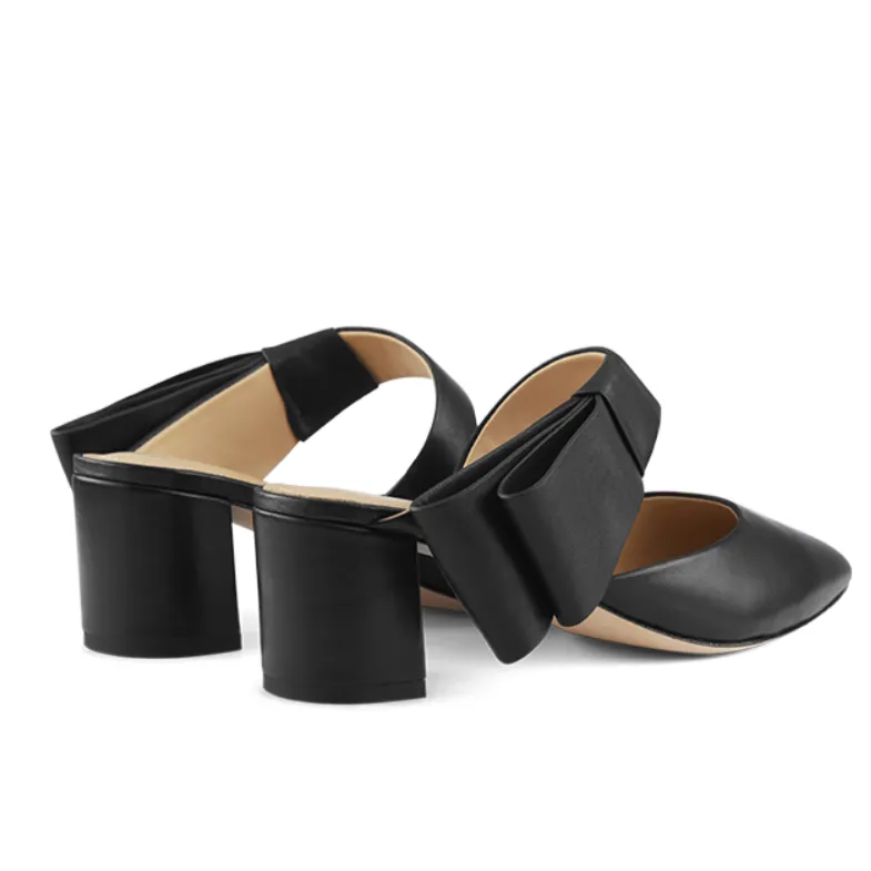 March Muse Black Sculptural Bow Block Heel Mule Heels