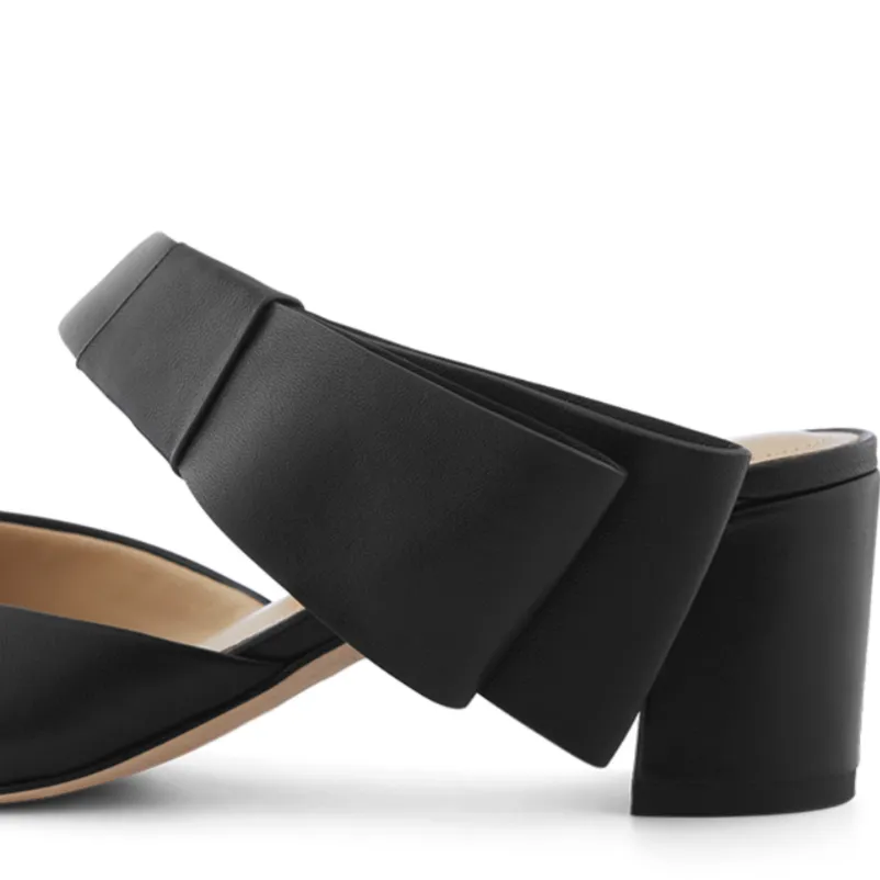 March Muse Black Sculptural Bow Block Heel Mule Heels