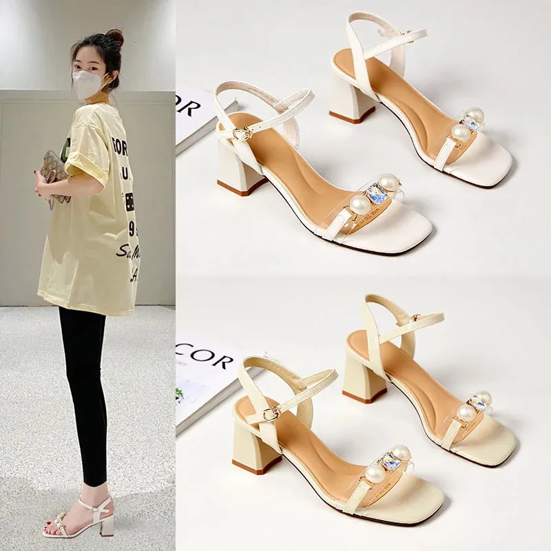 MQTIME  - Summer Pearl Korean crystal square head high heel girl sandals