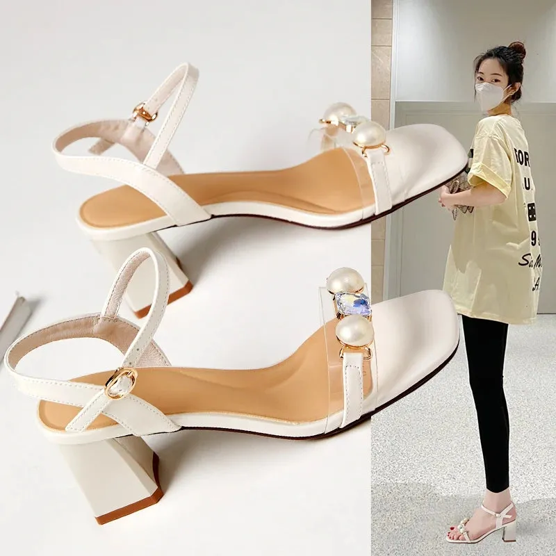 MQTIME  - Summer Pearl Korean crystal square head high heel girl sandals