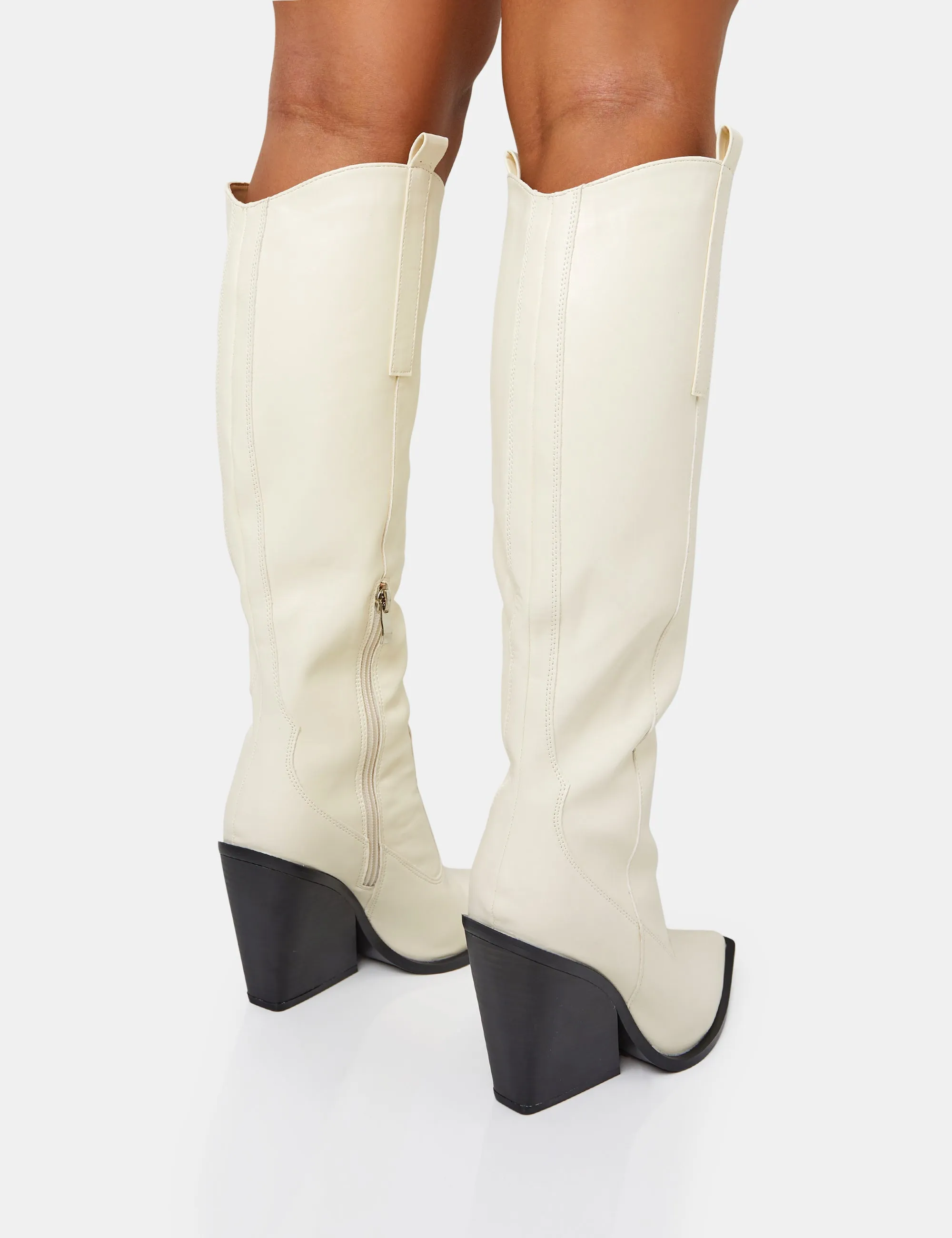 Nevada Ecru Western Cowboy Pointed Toe Block Heel Knee High Boots