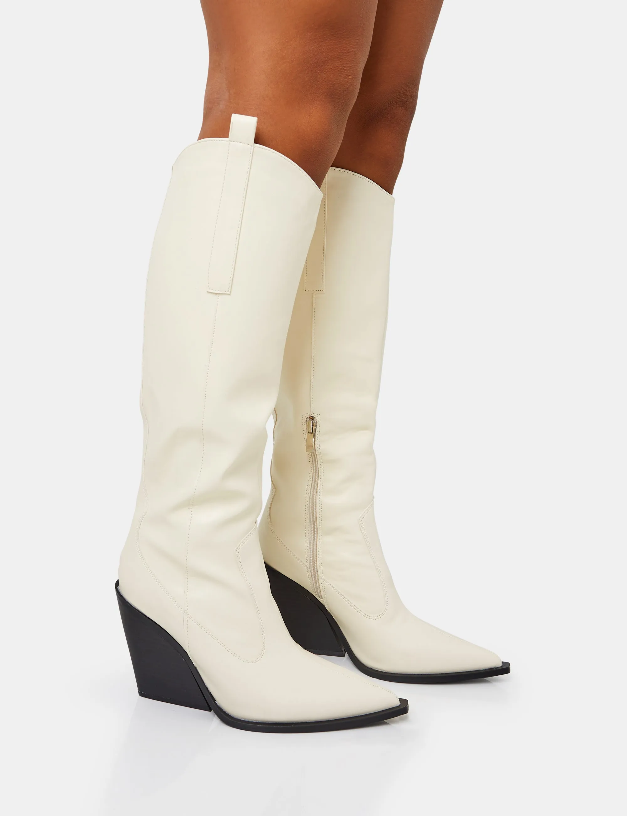 Nevada Ecru Western Cowboy Pointed Toe Block Heel Knee High Boots