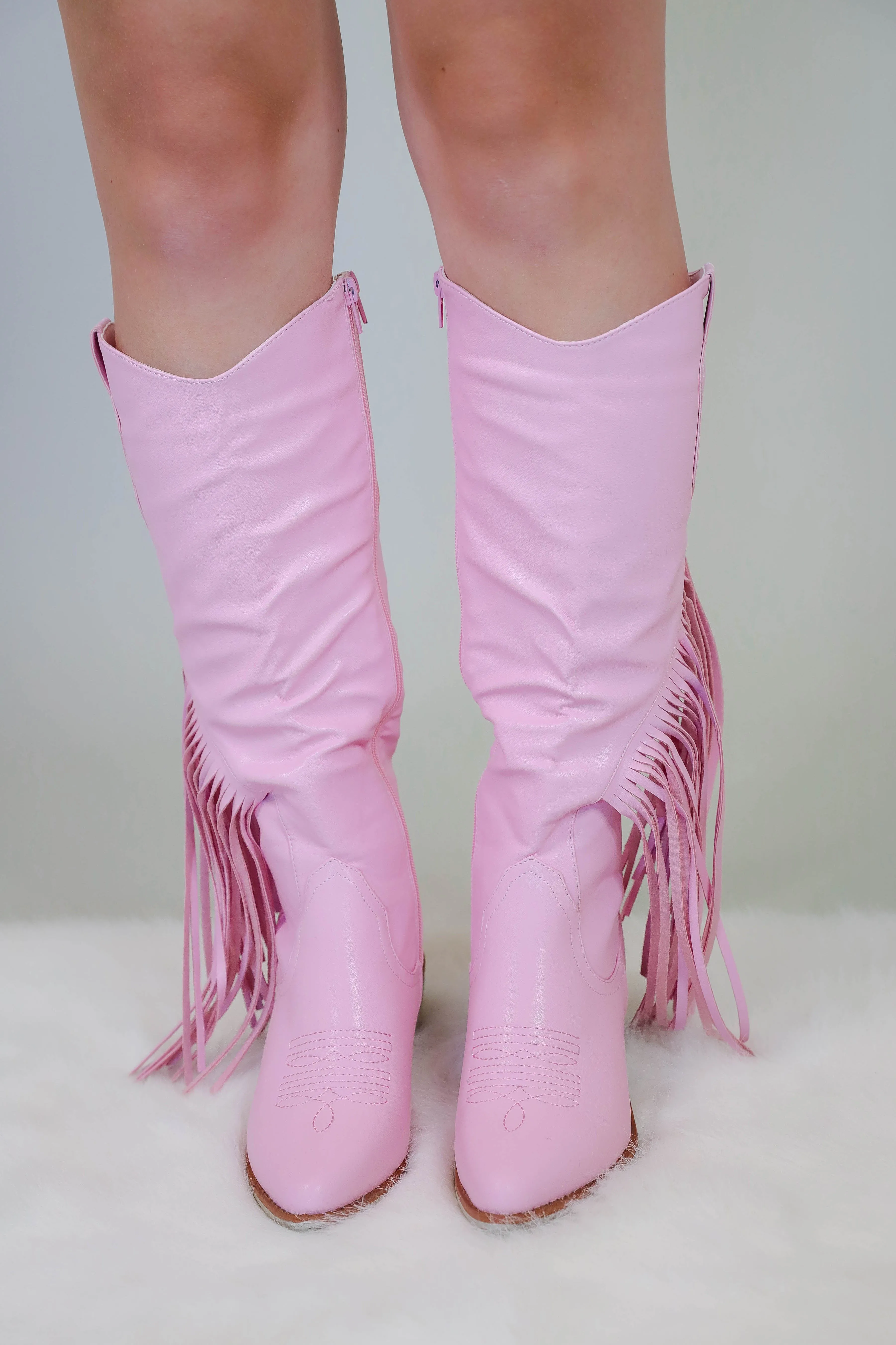 Priscilla Fringe Western Boots-Blush