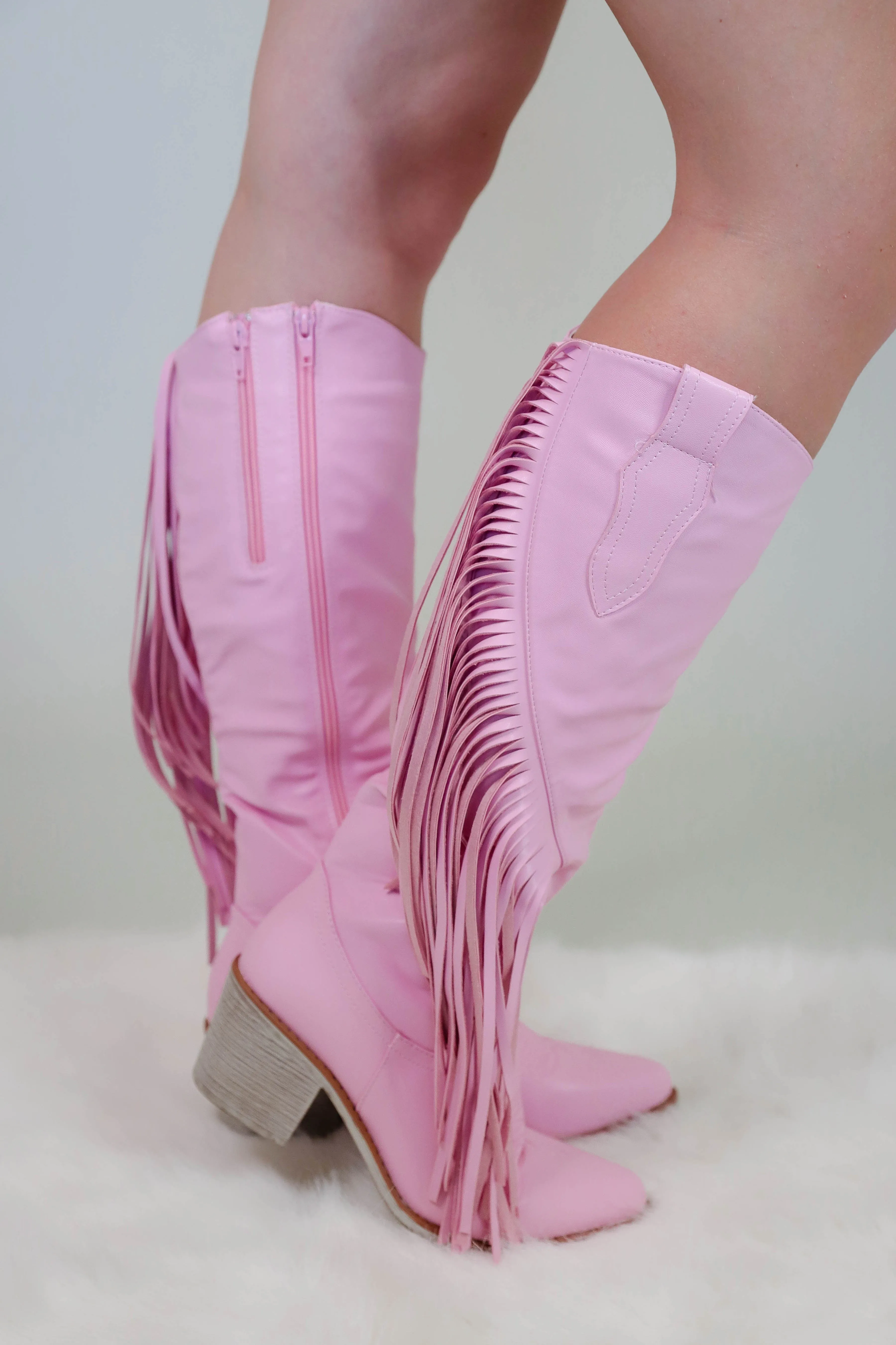 Priscilla Fringe Western Boots-Blush