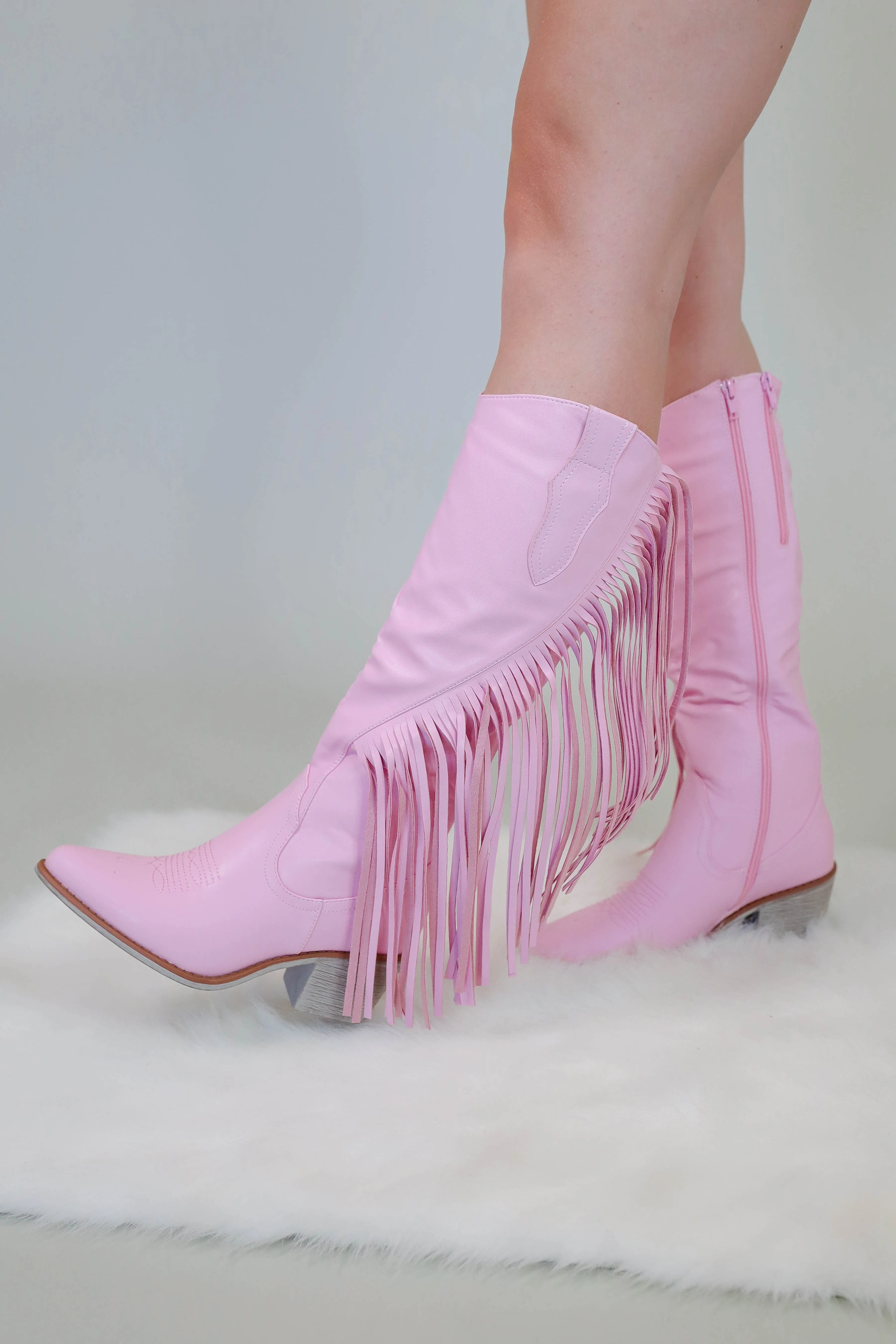 Priscilla Fringe Western Boots-Blush