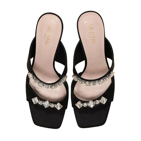 Raina Black Satin | Crystal Mule