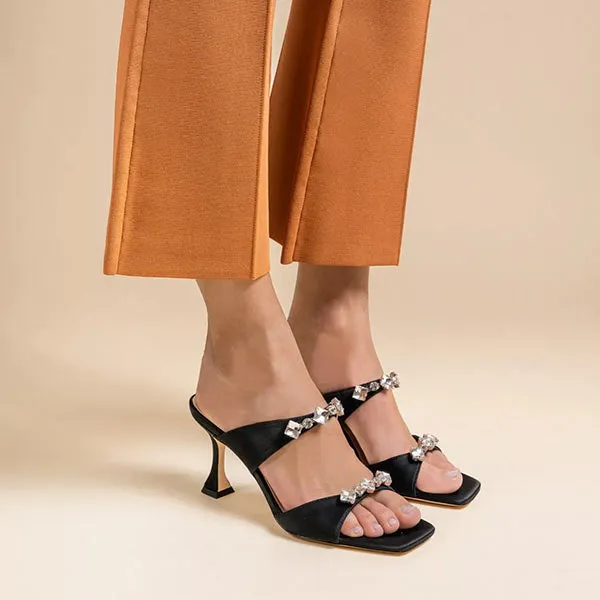 Raina Black Satin | Crystal Mule