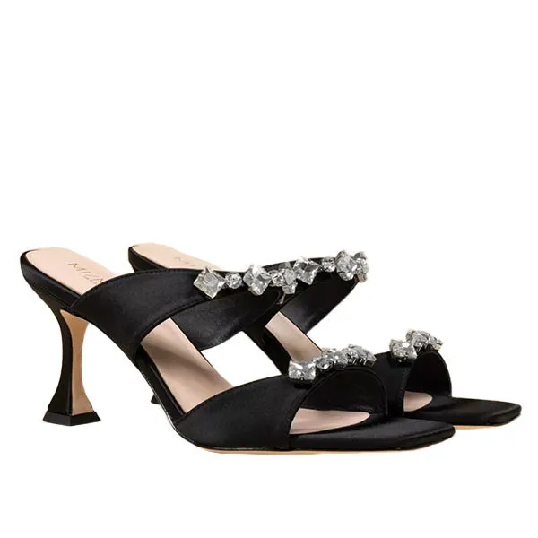 Raina Black Satin | Crystal Mule