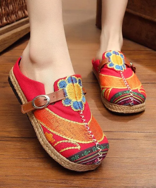 Red Cotton Linen Embroideried Fabric Vintage Buckle Strap Thong Sandals