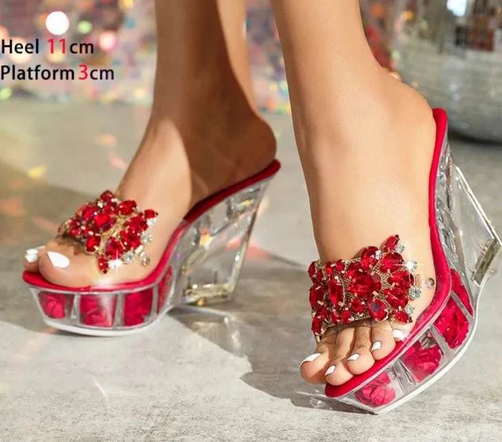 Rhinestone High Heels Transparent Wedges Shoes