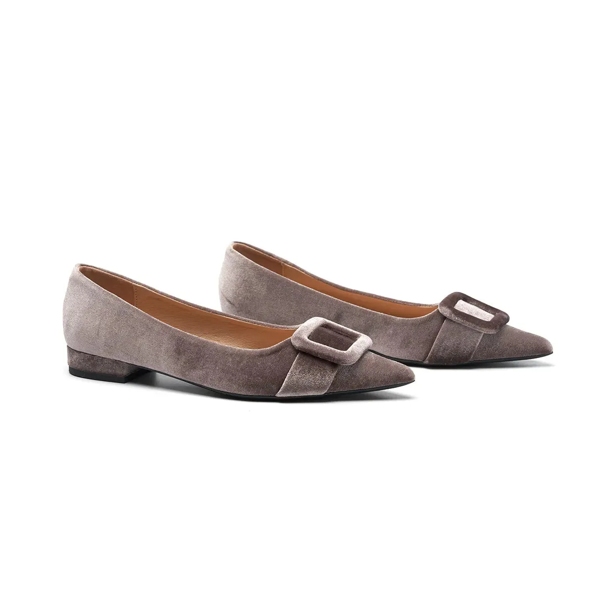 Square Buckle Velvet Flats (Aida)