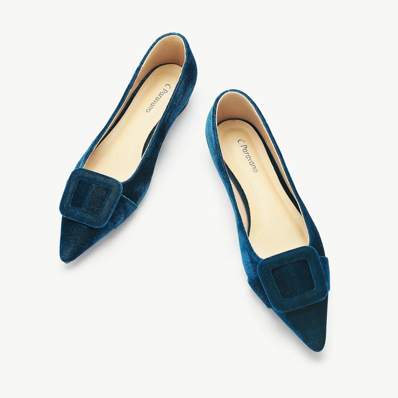 Square Buckle Velvet Flats (Aida)