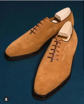 Stylish Handmade Men's Tan Color Derby Shoes, Men's Lace Up Suede Fashion Shoes