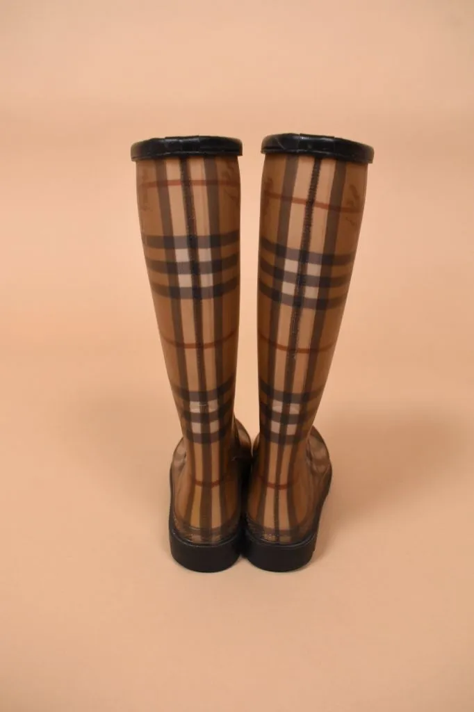 Tan Plaid Rain Boots, Size: 35, By Burberry