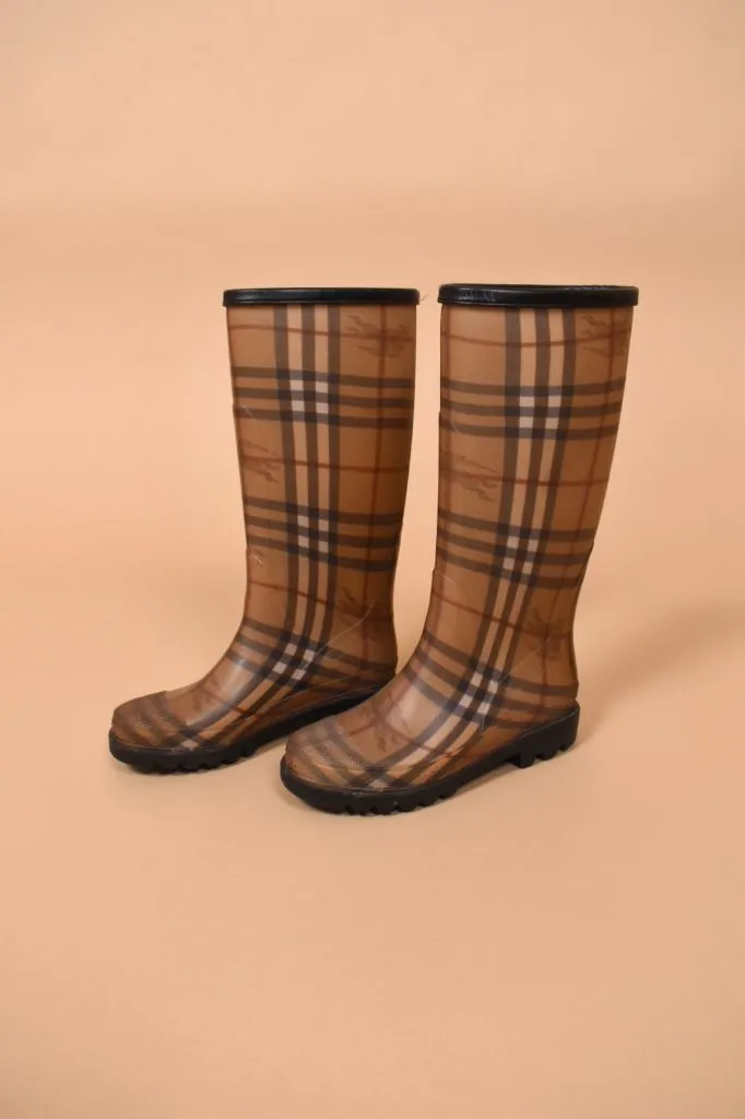 Tan Plaid Rain Boots, Size: 35, By Burberry