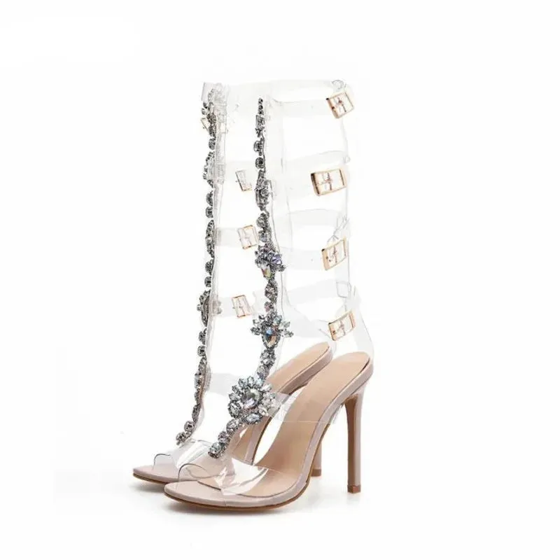 Transparent Rhinestone Chain Ankle Strap Heeled Shoes