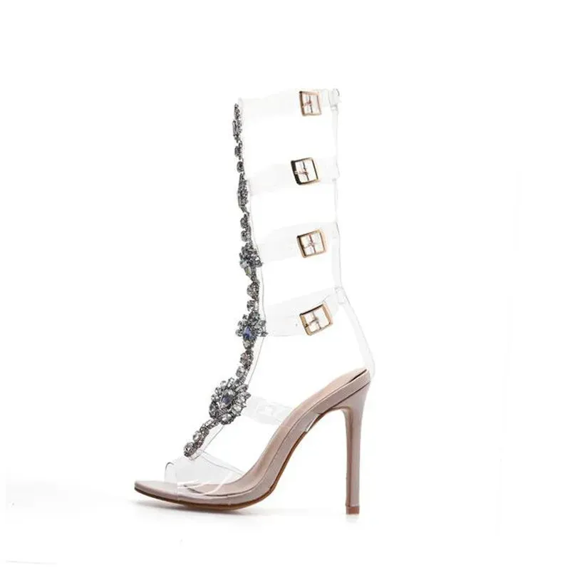 Transparent Rhinestone Chain Ankle Strap Heeled Shoes