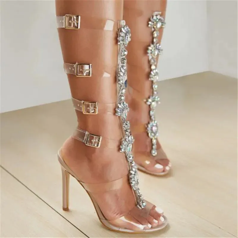 Transparent Rhinestone Chain Ankle Strap Heeled Shoes