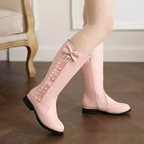 Womens Fall Winter Knee High Boots Princess Shoes Women Fashion Bowkont Lace Waterproof Knee Boot Snow Boots (Pink, 8.5)