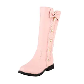 Womens Fall Winter Knee High Boots Princess Shoes Women Fashion Bowkont Lace Waterproof Knee Boot Snow Boots (Pink, 8.5)