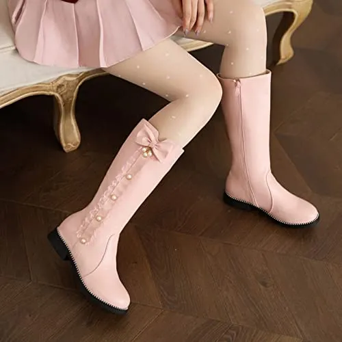 Womens Fall Winter Knee High Boots Princess Shoes Women Fashion Bowkont Lace Waterproof Knee Boot Snow Boots (Pink, 8.5)